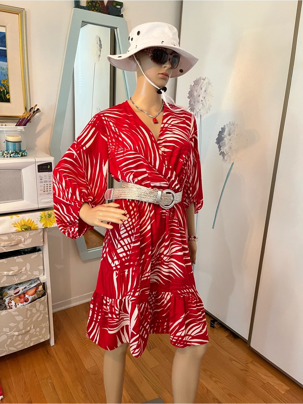 Joseph Ribkoff Red and White Palm-Print Midi Dress - Picture 2 of 11